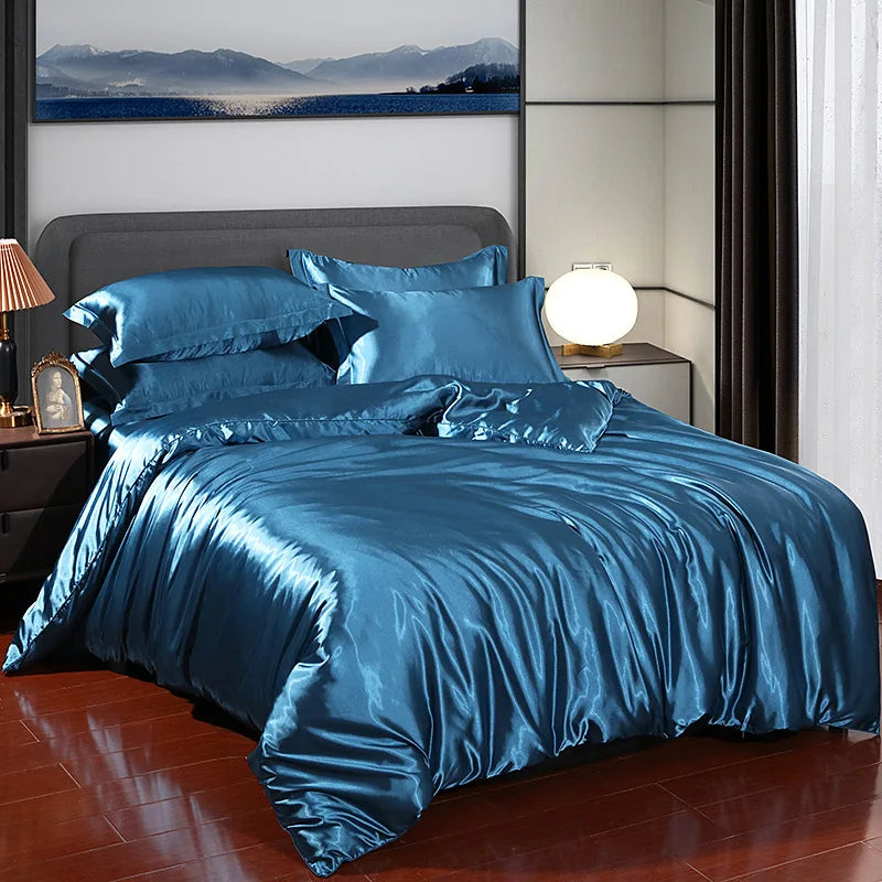 Comfortable Summer Real 100% Silk Satin Bedding Set with Duvet Cover Bed Sheet Pillowcases Luxury Quilt Grade A Bed Linen Set