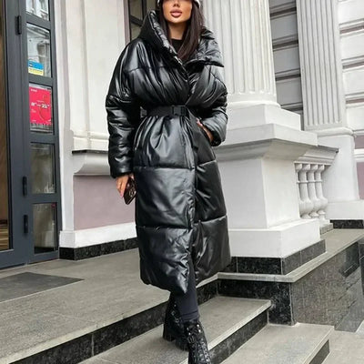 Malina Hooded PU Parkas Women Fashion Tie Belt Coats Women Elegant Solid Faux Leather Slim Long Cotton Jackets Female Ladies