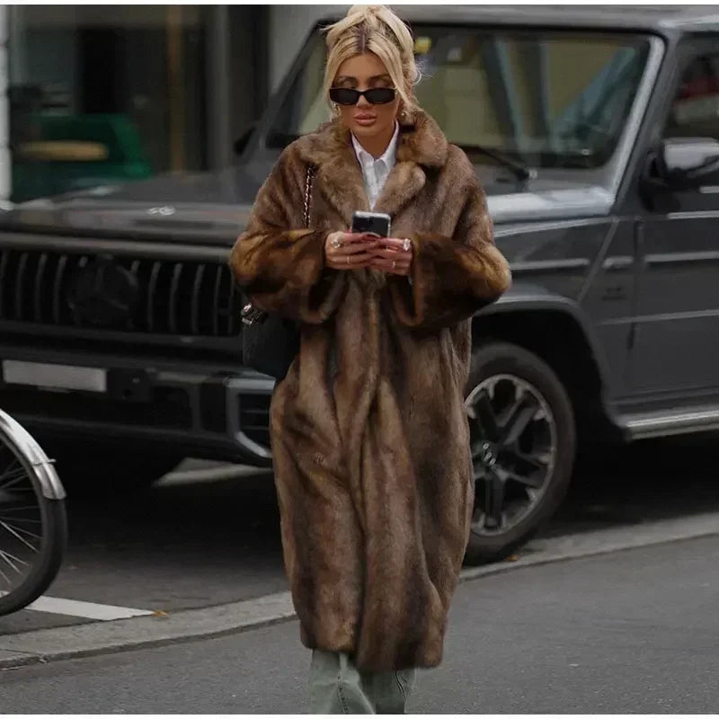 Women Chic Deep Brown Lapel Plush Faux Fur Loose Long Coats Fashion Full Sleeves Warm Jacket Autumn Winter Female New Streetwear