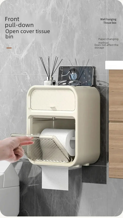 Wall-mounted Tissue Box Double Layer Toilet Organizer Paper Holder Waterproof Bathroom Toilet Rolls Storage Rack with Drawer