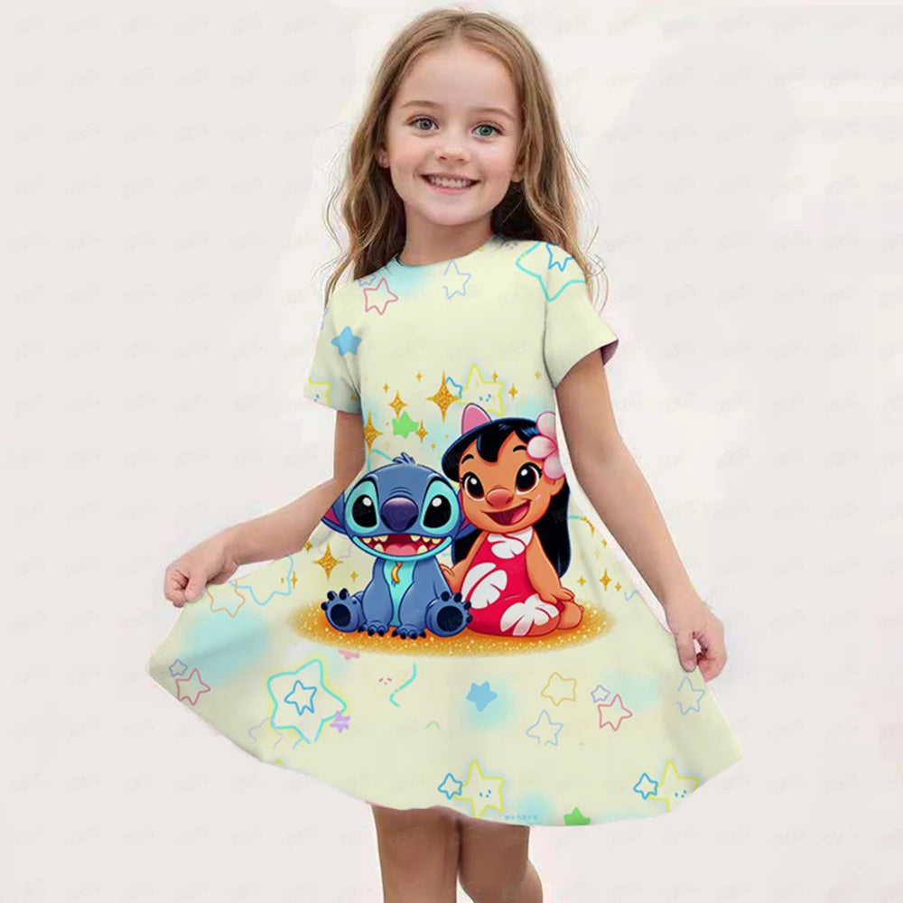 MINISO Summer New Girl Disney Stitch Dress Cartoon Cute Print Women's Dress Girl Short sleeved Princess Dress