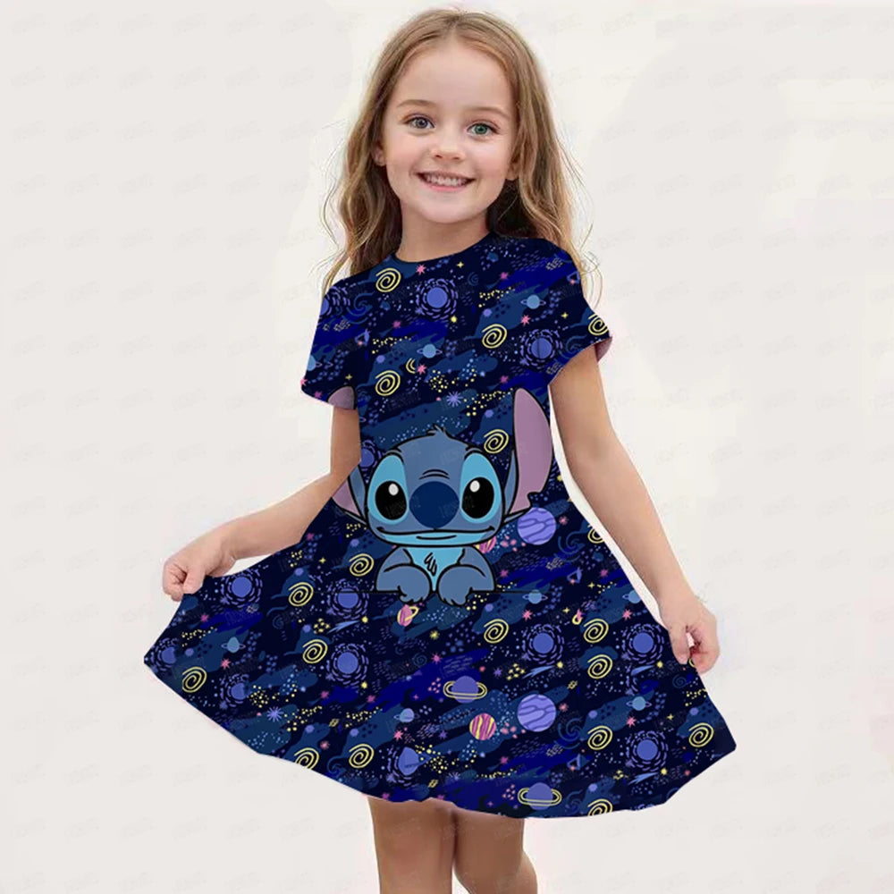 MINISO Summer New Girl Disney Stitch Dress Cartoon Cute Print Women's Dress Girl Short sleeved Princess Dress