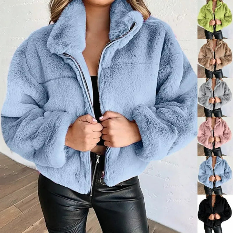 New Women's Autumn Winter Faux Fur Short Coats Zipper Cardigan Plush Warm Coat Female Oversized Outerwear Overcoat Thick Jacket