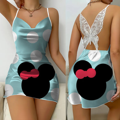 Minnie Mouse Bow Knot Party Dresses Disney Mickey Satin Surface Backless Dress Pajama Skirt Womens Fashion Summer 2024 Mini Sex