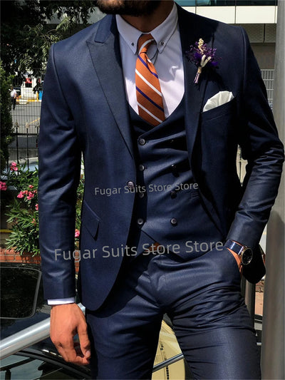 Business Navy Blue Suits For Men Slim Fit Peak Lapel Groom Prom Tuxedos 3 Pieces Sets Office Work Male Blazer Trajes De Hombre