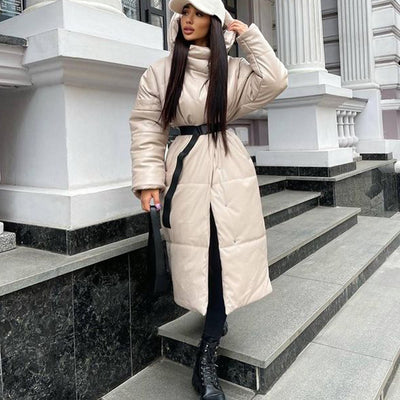 Malina Hooded PU Parkas Women Fashion Tie Belt Coats Women Elegant Solid Faux Leather Slim Long Cotton Jackets Female Ladies