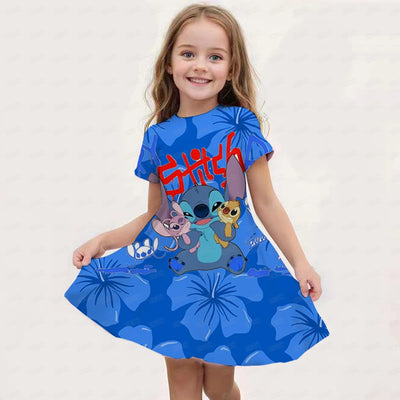 MINISO Summer New Girl Disney Stitch Dress Cartoon Cute Print Women's Dress Girl Short sleeved Princess Dress