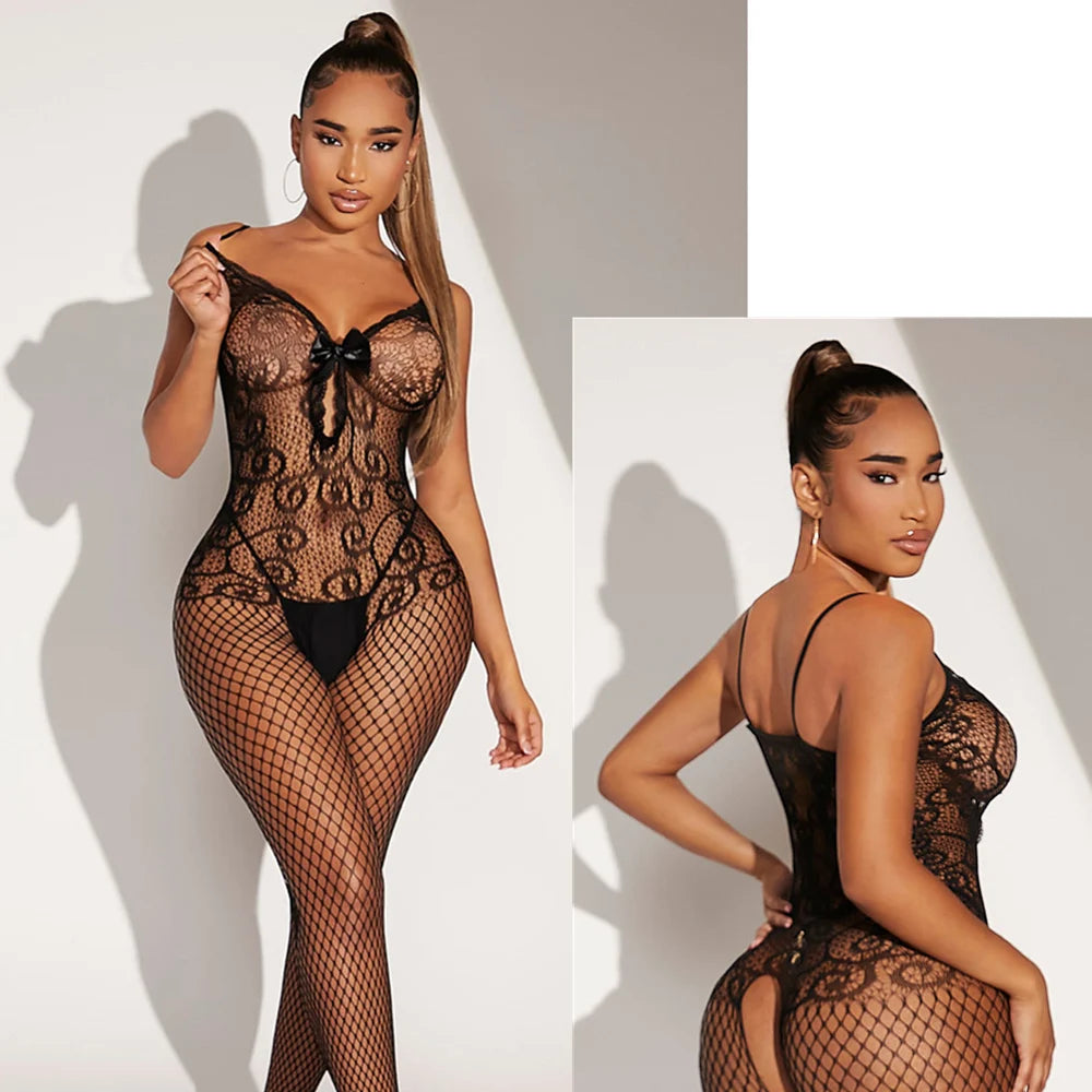 Women Red Fishnet Underwear Sexy Lingerie Striped Mesh Bodystocking Hollow Out Dress Bandage Bodysuits Sex Erotic Costumes