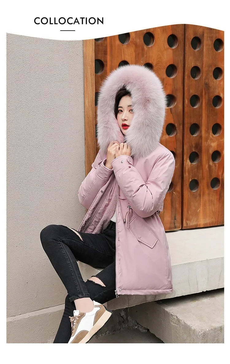 Women Parka Fashion Long Coat Wool Liner Hooded Parkas 2024 New Winter Jacket Slim with Fur Collar Warm Snow Wear Padded Clothes