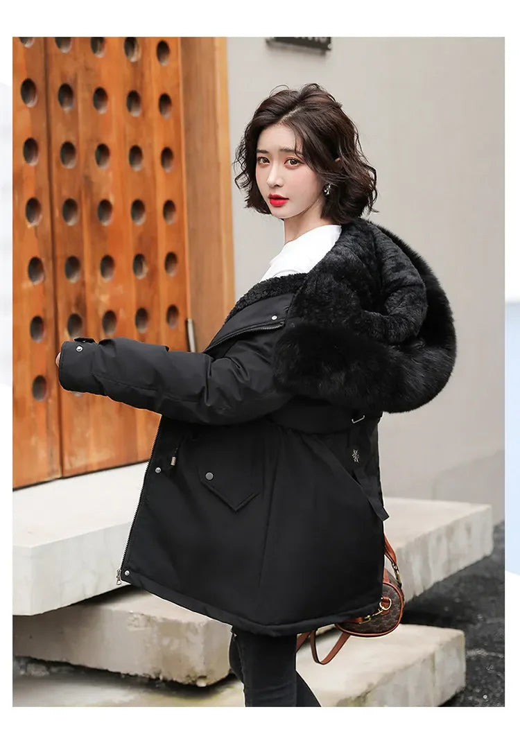 Women Parka Fashion Long Coat Wool Liner Hooded Parkas 2024 New Winter Jacket Slim with Fur Collar Warm Snow Wear Padded Clothes