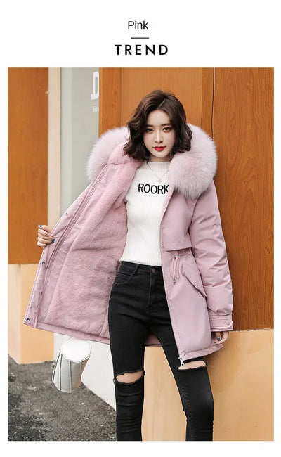 Women Parka Fashion Long Coat Wool Liner Hooded Parkas 2024 New Winter Jacket Slim with Fur Collar Warm Snow Wear Padded Clothes