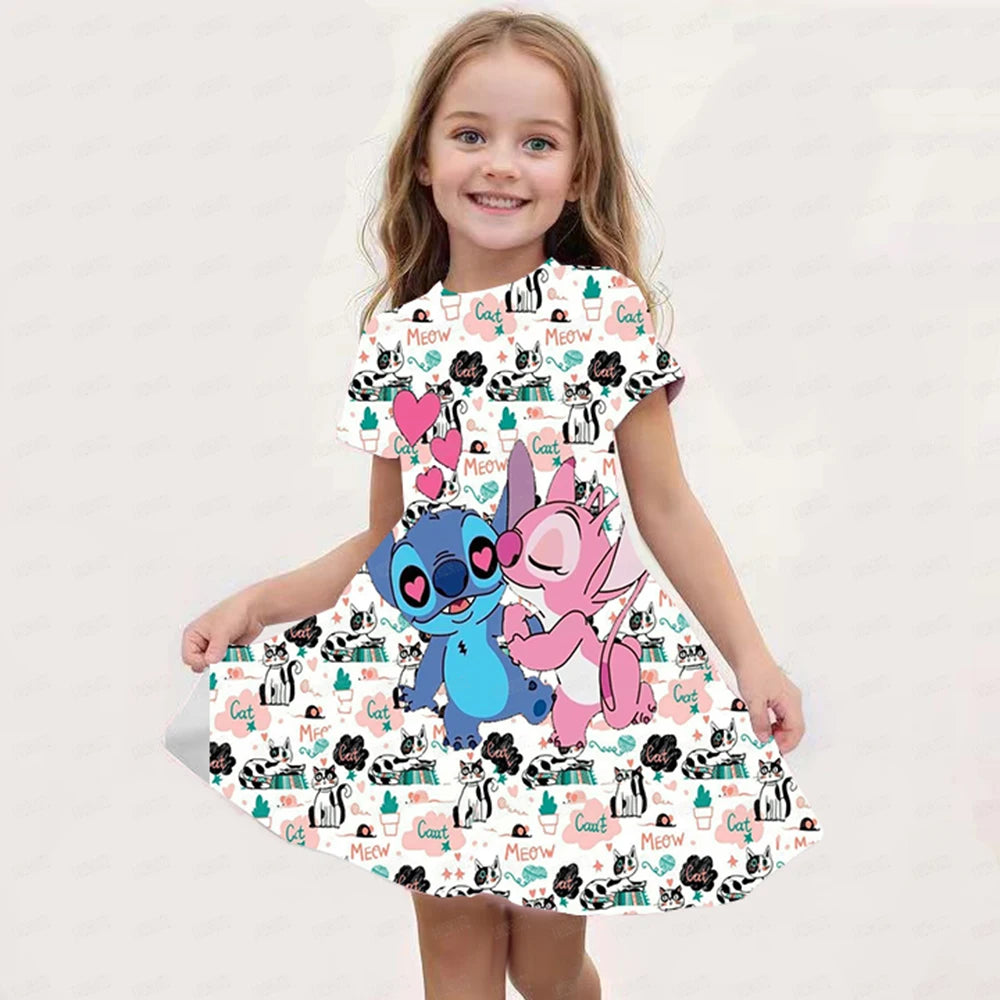 MINISO Summer New Girl Disney Stitch Dress Cartoon Cute Print Women's Dress Girl Short sleeved Princess Dress