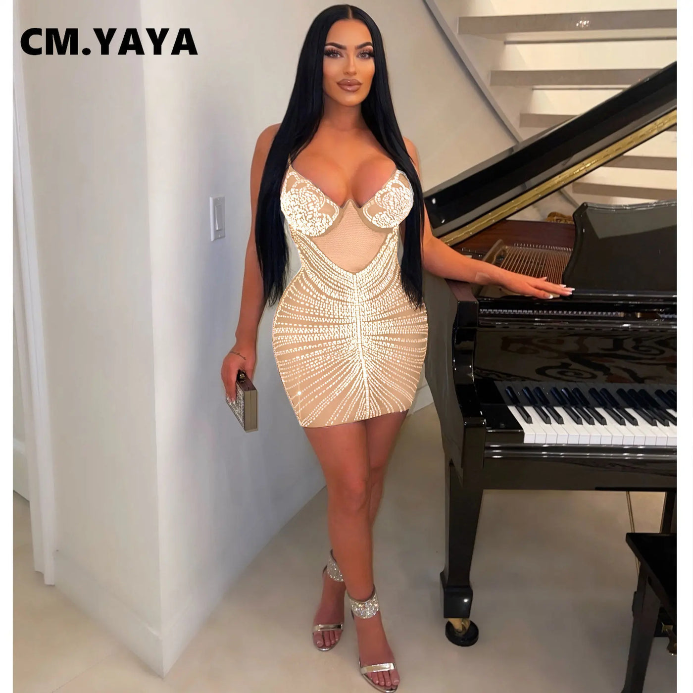 CM.YAYA Women Rhinestones Hot Drilling Mesh See Though Patchwork Midi Mini Dress Crystal Party Dresses Night Out Robes Vestidos