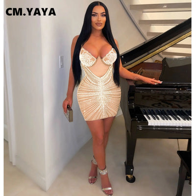 CM.YAYA Women Rhinestones Hot Drilling Mesh See Though Patchwork Midi Mini Dress Crystal Party Dresses Night Out Robes Vestidos