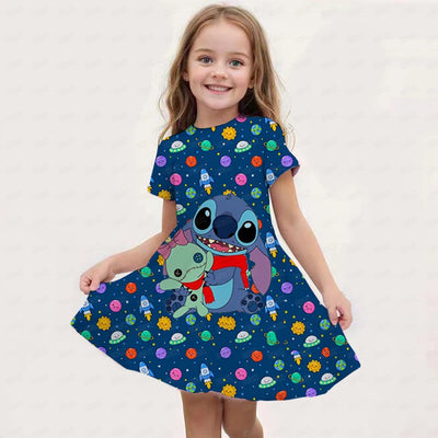 MINISO Summer New Girl Disney Stitch Dress Cartoon Cute Print Women's Dress Girl Short sleeved Princess Dress