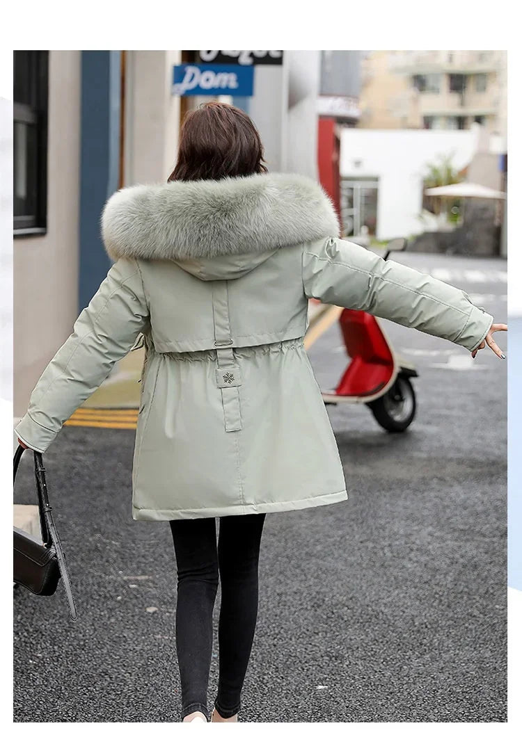 Women Parka Fashion Long Coat Wool Liner Hooded Parkas 2024 New Winter Jacket Slim with Fur Collar Warm Snow Wear Padded Clothes