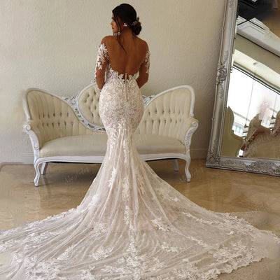 Aviana Long Sleeve Beach Mermaid Wedding Dresses Lace Appliques Sheer O Neck Bridal Dress Illusion Wedding Gowns Robe Mariage