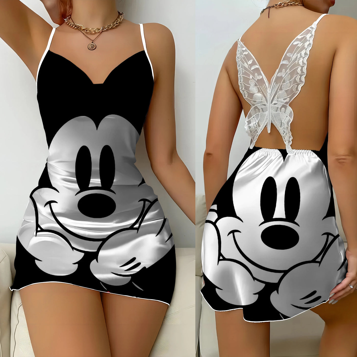 Minnie Mouse Bow Knot Party Dresses Disney Mickey Satin Surface Backless Dress Pajama Skirt Womens Fashion Summer 2024 Mini Sex