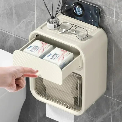 Wall-mounted Tissue Box Double Layer Toilet Organizer Paper Holder Waterproof Bathroom Toilet Rolls Storage Rack with Drawer