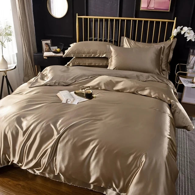 Comfortable Summer Real 100% Silk Satin Bedding Set with Duvet Cover Bed Sheet Pillowcases Luxury Quilt Grade A Bed Linen Set