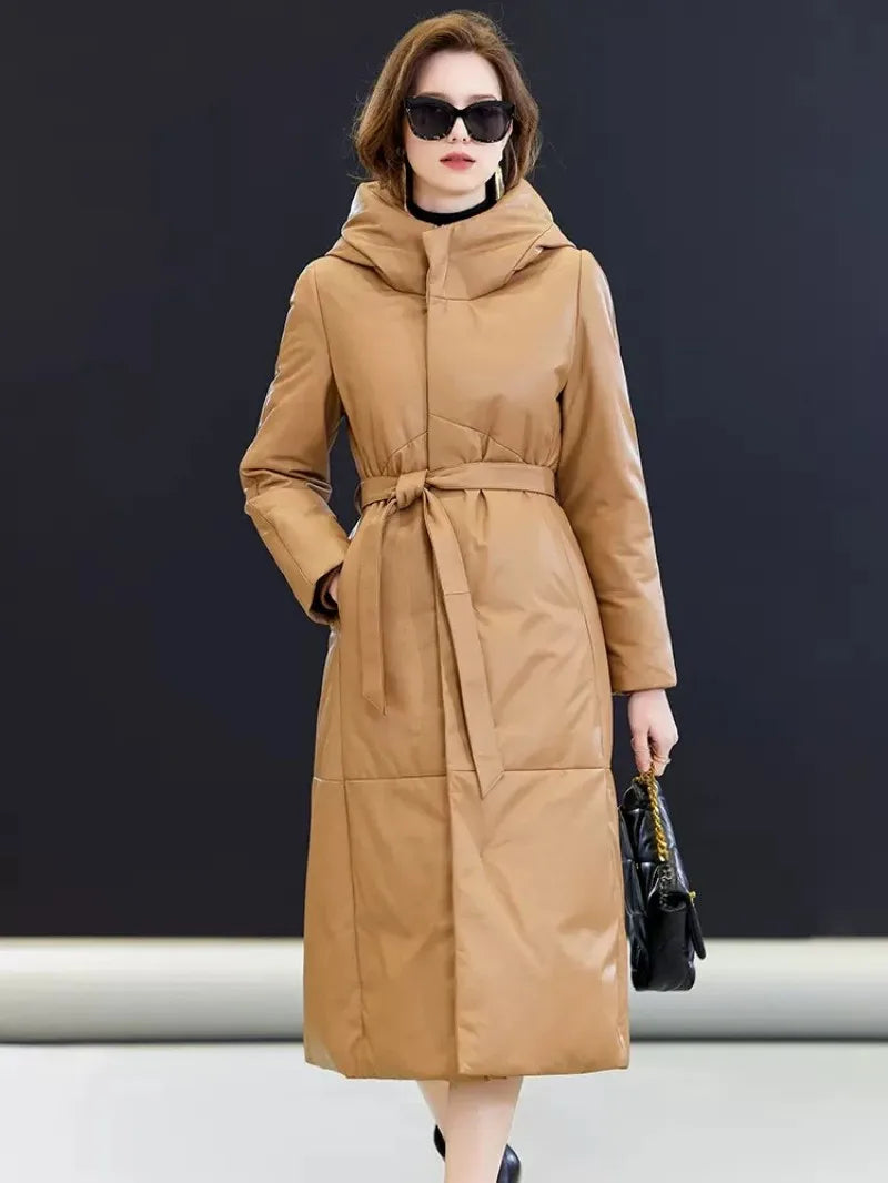 Wintet Women Hooded Genuine Leather Down Coat Thicken Warm Outerwear Slim Zipper High Street Office Ladies Sheepskin Long Jacket