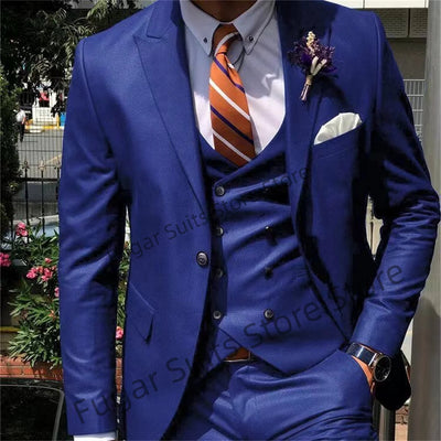 Business Navy Blue Suits For Men Slim Fit Peak Lapel Groom Prom Tuxedos 3 Pieces Sets Office Work Male Blazer Trajes De Hombre