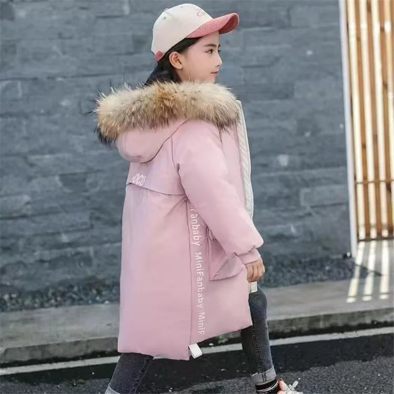 Winter Jackets For Girl Thick Warm Long Coats Kids Hooded Fur Collar Heavy Outerwear Big Children Cold Weather Parka Snowsuit