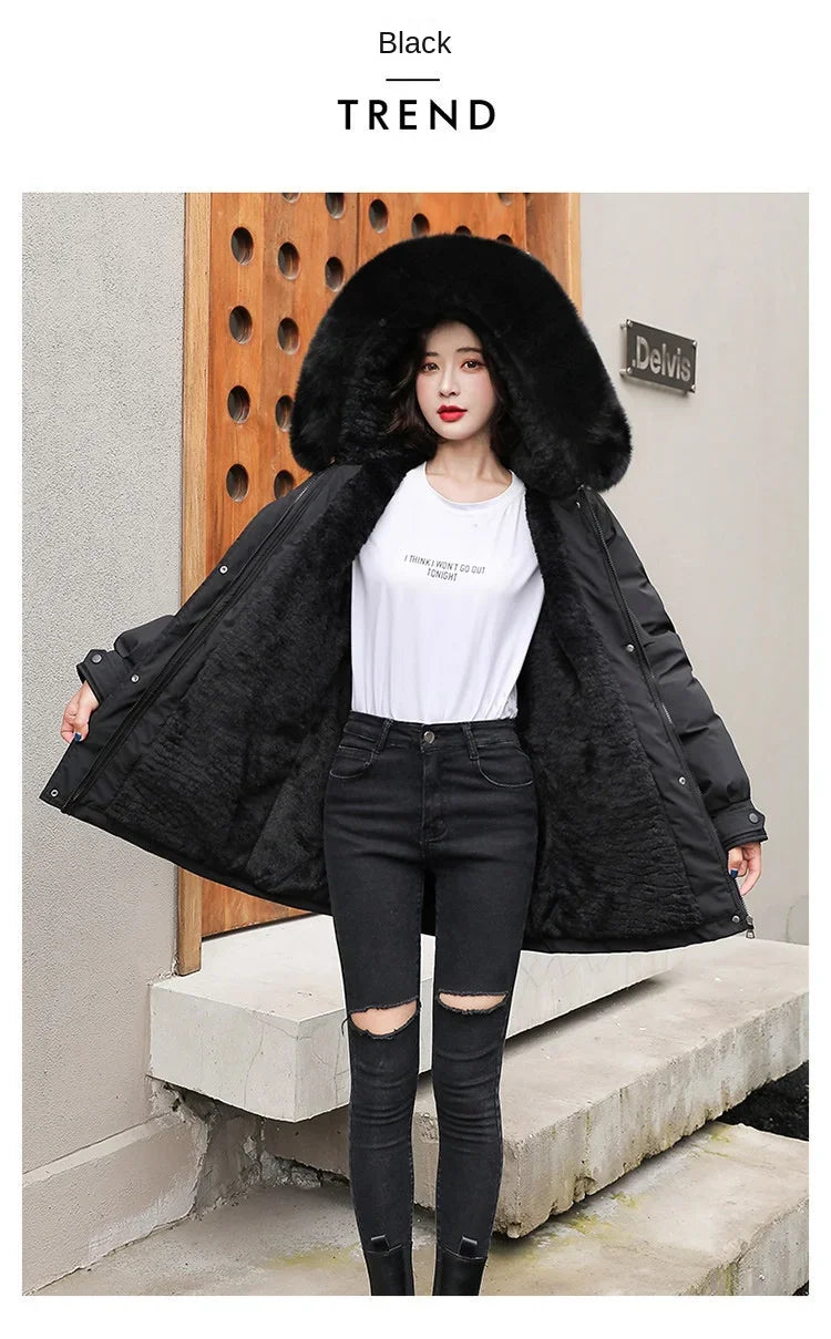 Women Parka Fashion Long Coat Wool Liner Hooded Parkas 2024 New Winter Jacket Slim with Fur Collar Warm Snow Wear Padded Clothes