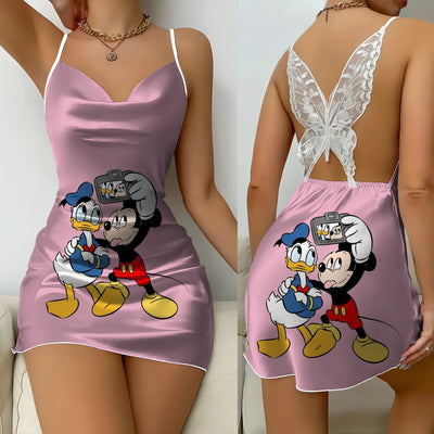 Minnie Mouse Bow Knot Party Dresses Disney Mickey Satin Surface Backless Dress Pajama Skirt Womens Fashion Summer 2024 Mini Sex