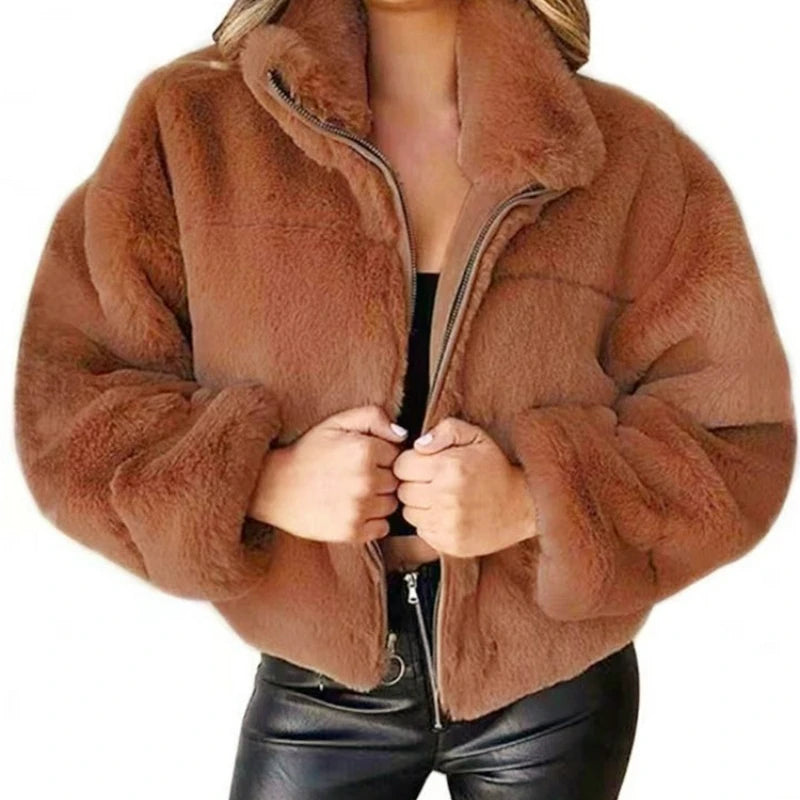 New Women's Autumn Winter Faux Fur Short Coats Zipper Cardigan Plush Warm Coat Female Oversized Outerwear Overcoat Thick Jacket