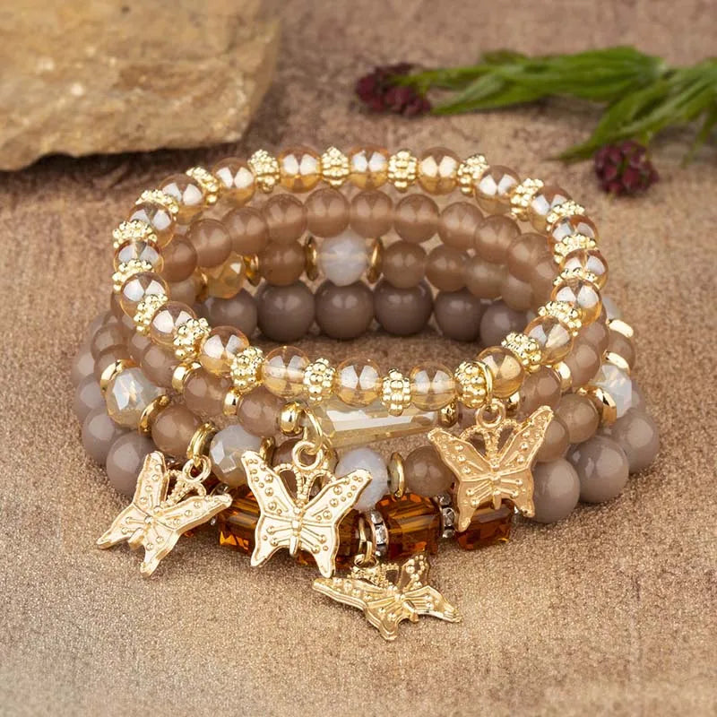 4Pcs Bohemian Butterfly Charm Bracelet Set For Women Crystal Beads Chain Bangle Female Fashion Party Jewelry Gift