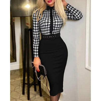 Fashionable Women's Printed Tight A-line Skirt Sexy Suit Collar Dress Wrapped Buttocks For Women With Belt