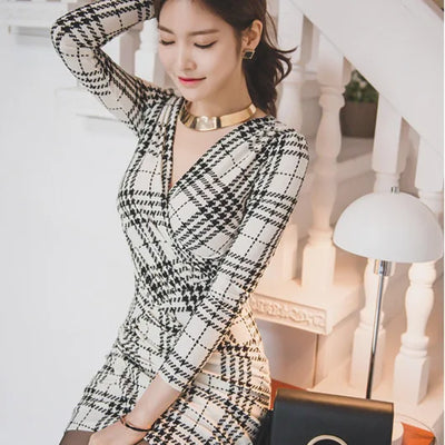 Korean Version of New Spring and Autumn Sexy V-neck Long-sleeved Buttock Dress with A Thousand Bird Check Slim Slim Tight Skirt