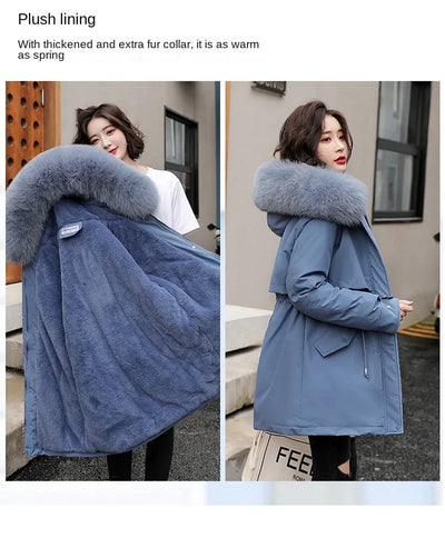 Women Parka Fashion Long Coat Wool Liner Hooded Parkas 2024 New Winter Jacket Slim with Fur Collar Warm Snow Wear Padded Clothes