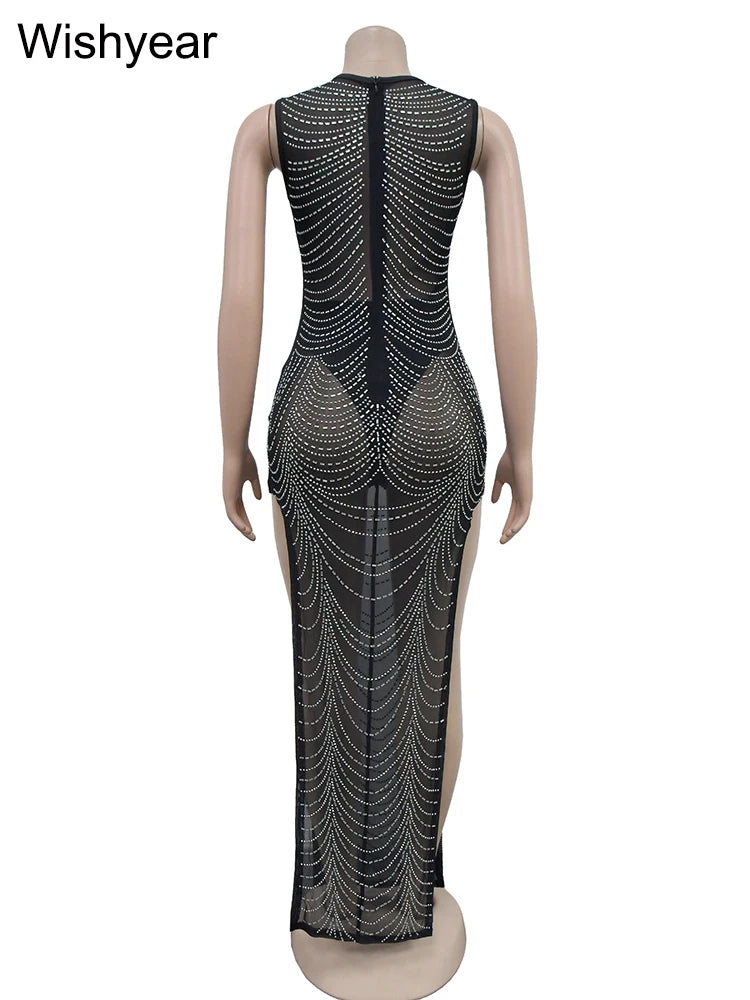 Sexy Sleeveless Diamonds Rhinestones Mesh Birthday Bodycon Maxi Dress for Women Christmas Party Evening Night Club Prom Vestidos