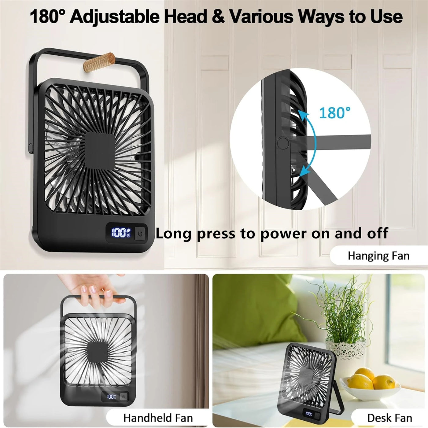 Desk Fan, Portable USB Rechargeable Fan, 180° Tilt Folding Personal Fan With Power Display, 5 Speeds Ultra Quiet Table Fan