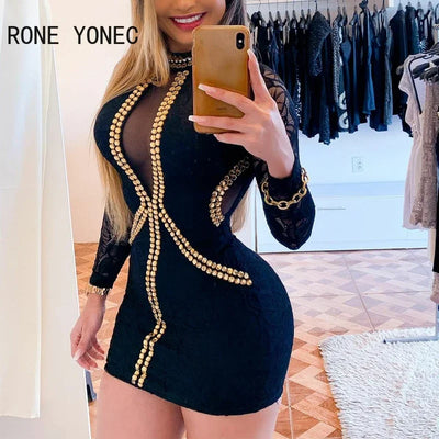 Women Sexy Patchwork Rhinestone Long Lace Sleeves Mesh Bodycon Mini Sexy Party Dresses