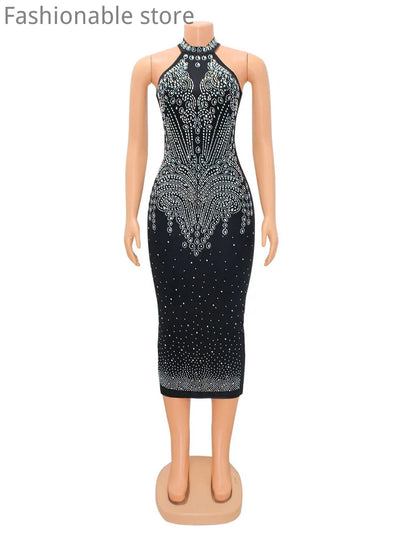 Women Sexy Halter Sleeveless Rhinestone Decor Bodycon Dress Back Zipper Slim Night Club Dresses Vestido