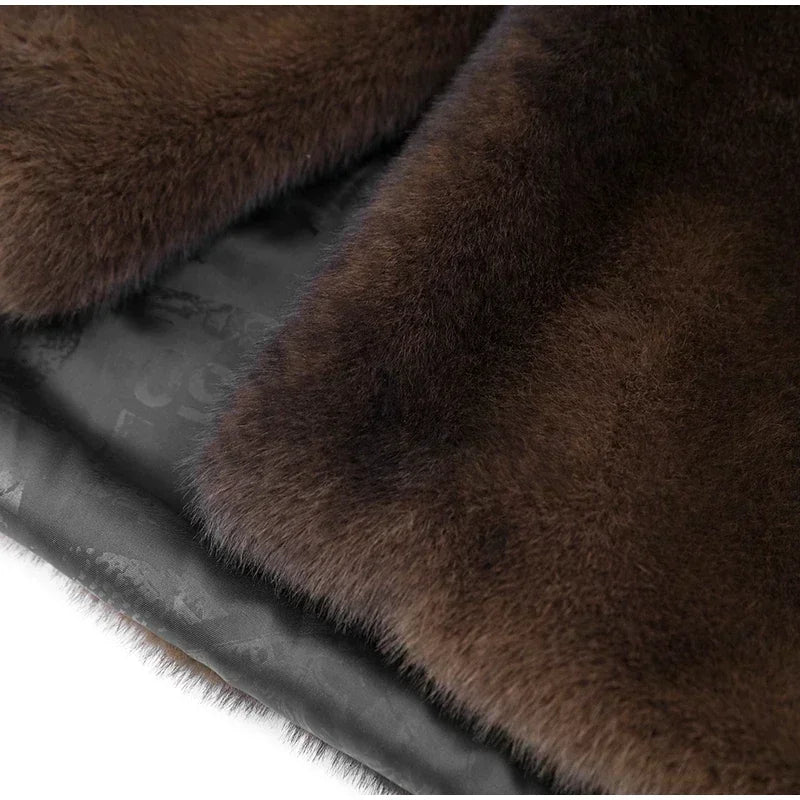 Women Chic Deep Brown Lapel Plush Faux Fur Loose Long Coats Fashion Full Sleeves Warm Jacket Autumn Winter Female New Streetwear