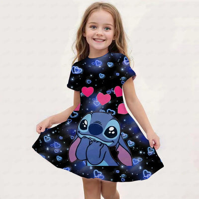 MINISO Summer New Girl Disney Stitch Dress Cartoon Cute Print Women's Dress Girl Short sleeved Princess Dress