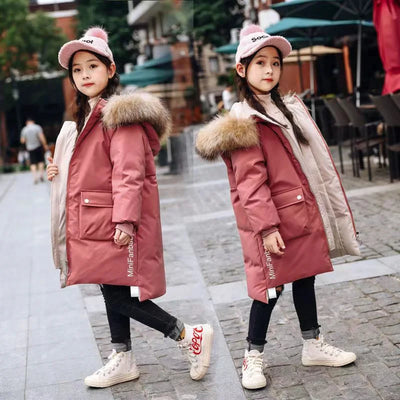 Winter Jackets For Girl Thick Warm Long Coats Kids Hooded Fur Collar Heavy Outerwear Big Children Cold Weather Parka Snowsuit