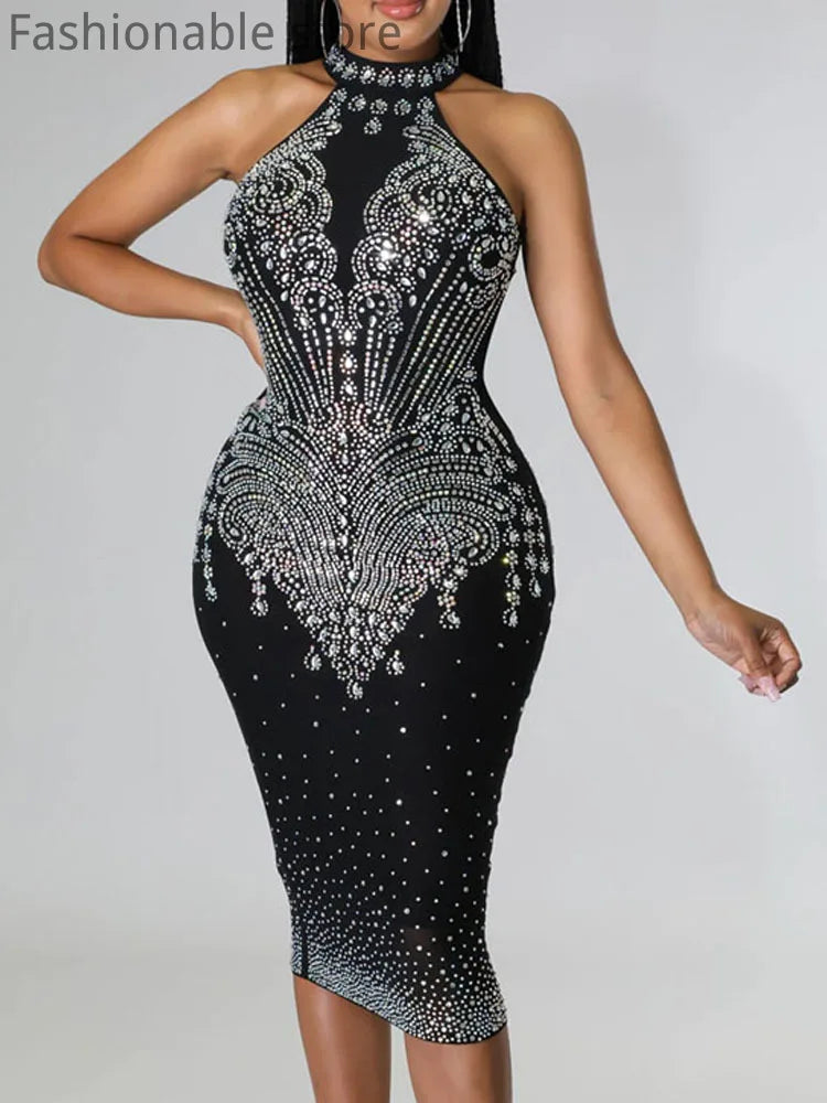 Women Sexy Halter Sleeveless Rhinestone Decor Bodycon Dress Back Zipper Slim Night Club Dresses Vestido