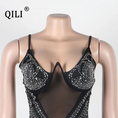 QILI-Women's Sleeveless Mini Dress, Spaghetti Strap, Diamonds, Rhinestone, Club, Party