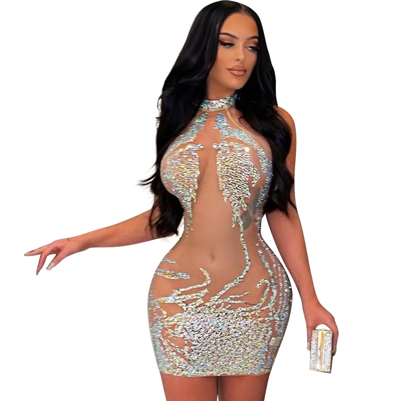 Sexy Mesh Rhinestone Short Prom Evening Mini Dress See Through Outfits Luxury For Women Night Club Party Diamond Bodycon Dresses