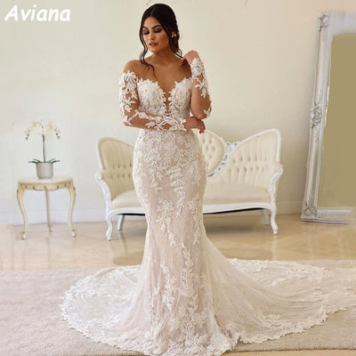 Aviana Long Sleeve Beach Mermaid Wedding Dresses Lace Appliques Sheer O Neck Bridal Dress Illusion Wedding Gowns Robe Mariage