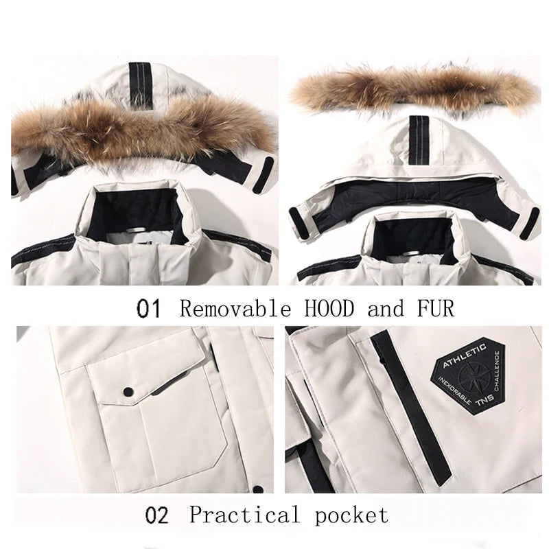 Men's Down Jackets Big Real Fur Collar Warm Parka -30 Degrees Men Casual 90% White Duck Down Coats Winter Snow Overcoat Thicken