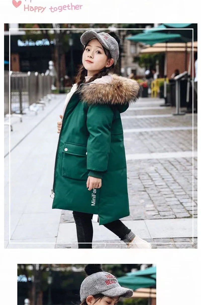 Winter Jackets For Girl Thick Warm Long Coats Kids Hooded Fur Collar Heavy Outerwear Big Children Cold Weather Parka Snowsuit