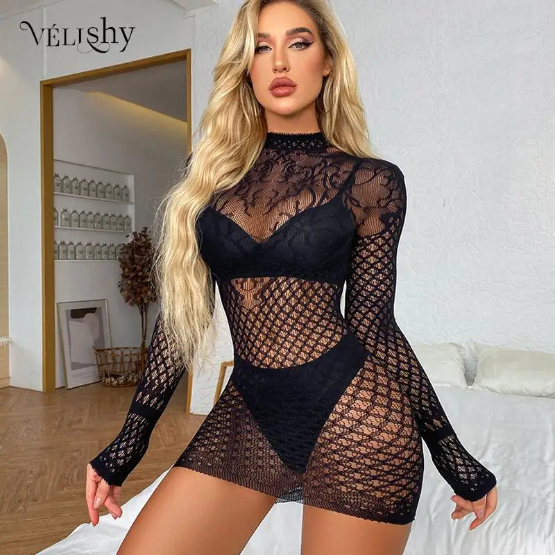 Women Sexy Mesh Hollow Out Mini Dress Underwear Female See Through Short Dresses Ladies Solid Sleepwear Erotic Lingerie