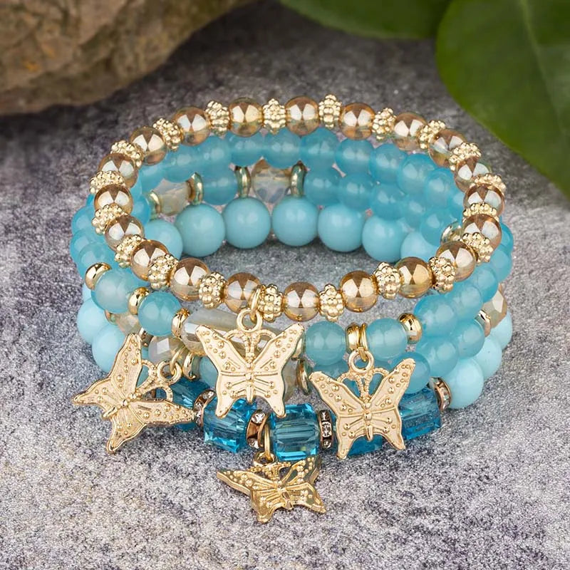 4Pcs Bohemian Butterfly Charm Bracelet Set For Women Crystal Beads Chain Bangle Female Fashion Party Jewelry Gift