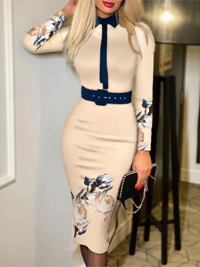 Fashionable Women's Printed Tight A-line Skirt Sexy Suit Collar Dress Wrapped Buttocks For Women With Belt